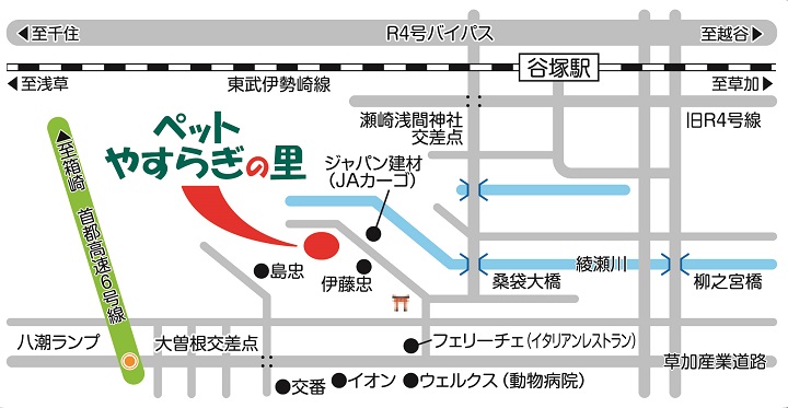 東武伊勢崎線　谷塚駅・草加駅・松原駅を含むペットやすらぎの里 八潮周辺の地図